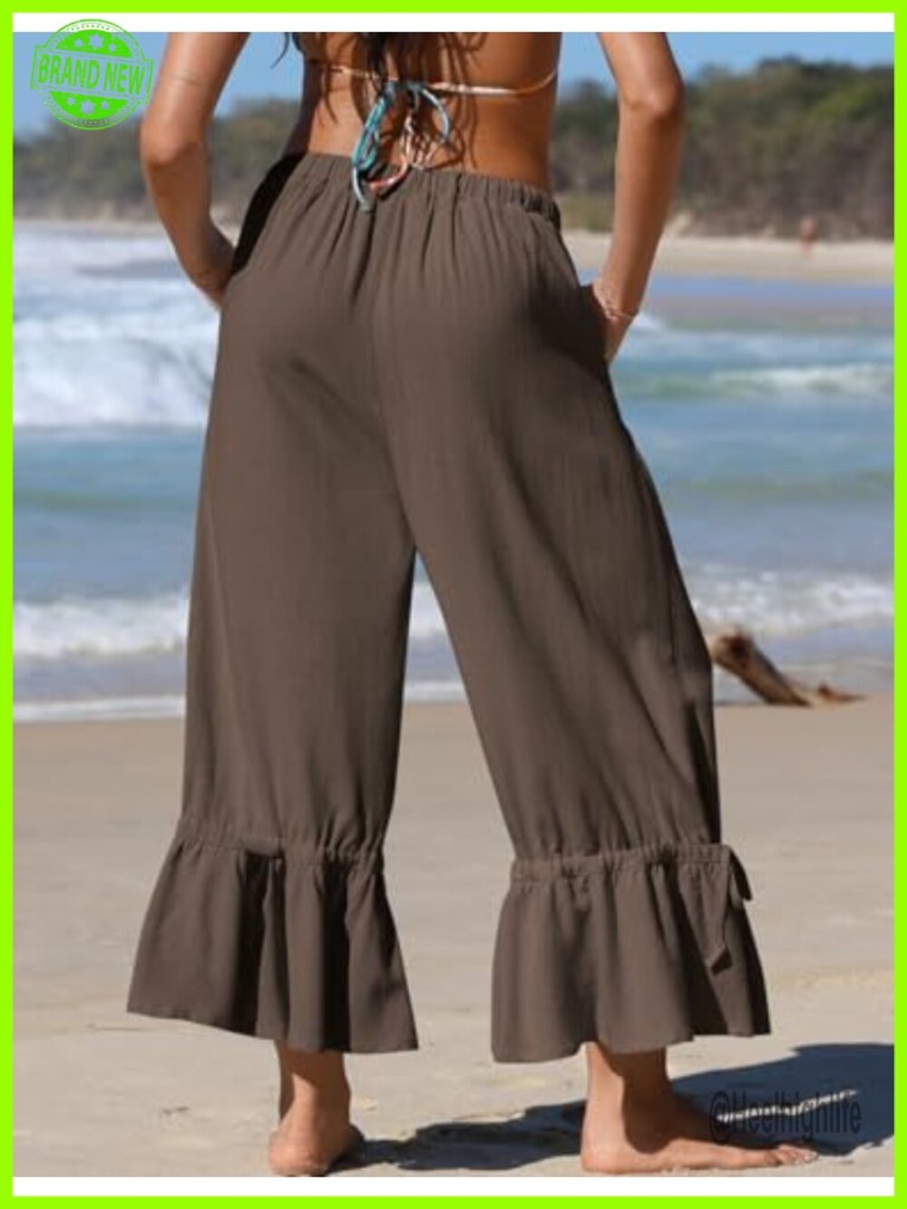 Womens Linen Wide Leg Ankle Pants Ruffled Drawstring Pockets